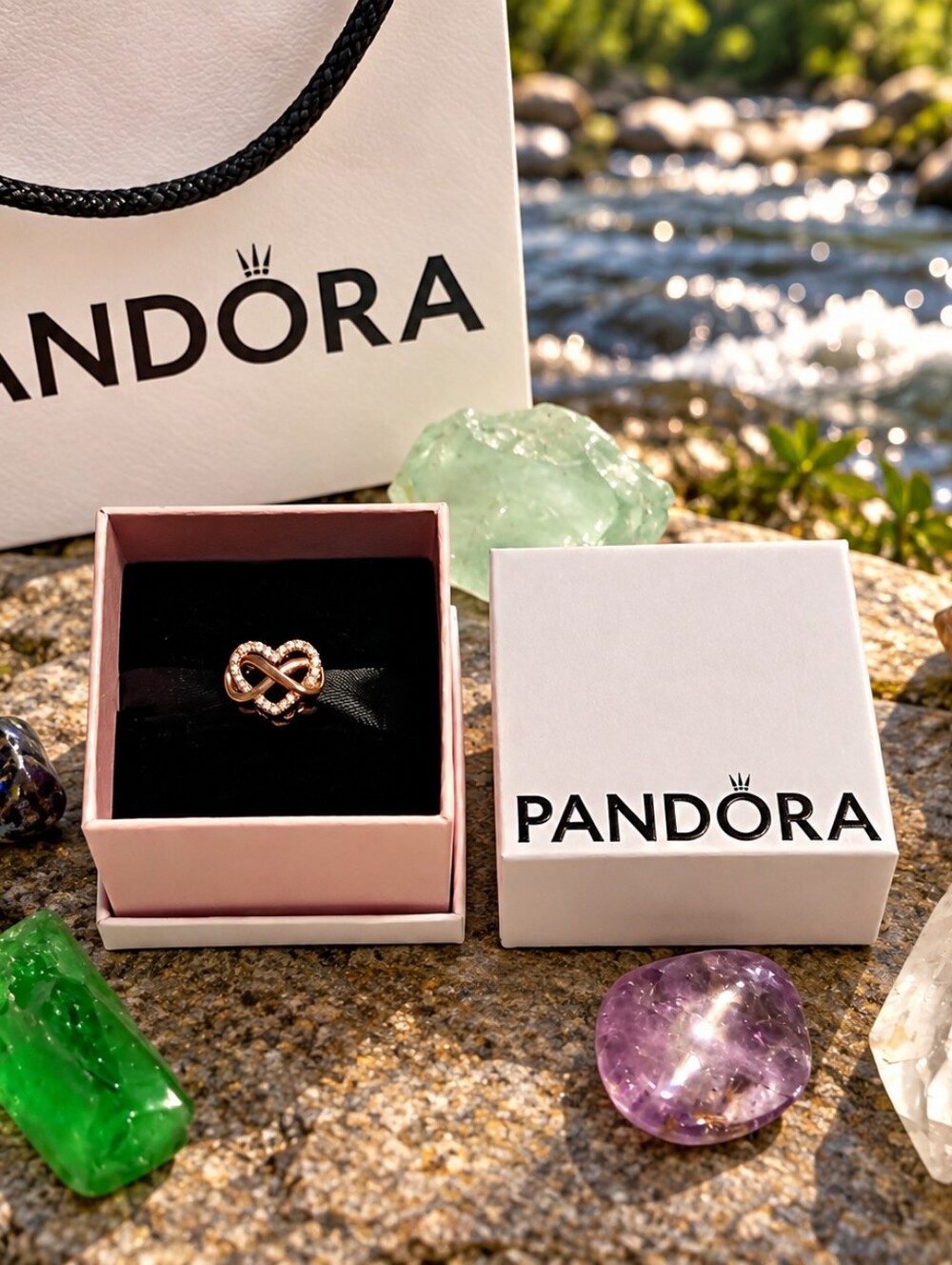 Pandora Rose Gold Infinity Heart Charm with Clear Stones